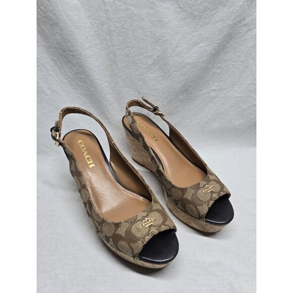 Coach Ferry Cork Wedge Sandals Signature Jacquard Monogram Khaki Chestnut 7.5 B - Picture 1 of 16